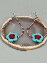 Load image into Gallery viewer, These gorgeous turquoise magnesite floral beaded earrings exude a hippie-style and shabby-chic vibe. The beautiful turquoise magnesite beads are decorated with quartzite rose beads and red, turquoise, and gold glass beads, giving a unique and nature-inspired look that is perfect for Bohemian fashion. Measurements: 2 1/2" length 
