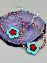 Load image into Gallery viewer, These gorgeous turquoise magnesite floral beaded earrings exude a hippie-style and shabby-chic vibe. The beautiful turquoise magnesite beads are decorated with quartzite rose beads and red, turquoise, and gold glass beads, giving a unique and nature-inspired look that is perfect for Bohemian fashion. Measurements: 2 1/2" length 
