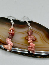 Load image into Gallery viewer, These earrings feature a single strand constructed with natural rhodonite stone chips and delicate pink glass beads for a unique, nature-inspired look. Measurements: 1 1/2&quot; length
