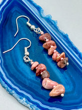 Load image into Gallery viewer, These earrings feature a single strand constructed with natural rhodonite stone chips and delicate pink glass beads for a unique, nature-inspired look. Measurements: 1 1/2&quot; length
