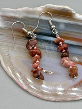 Load image into Gallery viewer, These earrings feature a single strand constructed with natural rhodonite stone chips and delicate pink glass beads for a unique, nature-inspired look. Measurements: 1 1/2&quot; length
