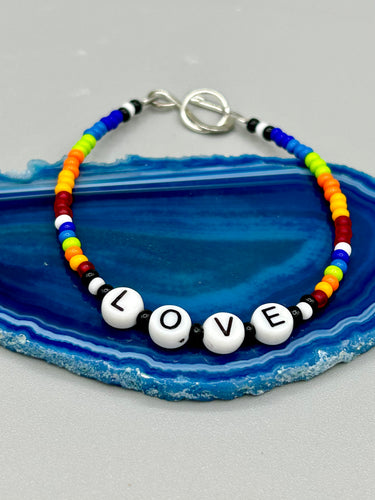Rainbow Pride beaded bracelet LOVE Metal wire with hook-eye clasp.