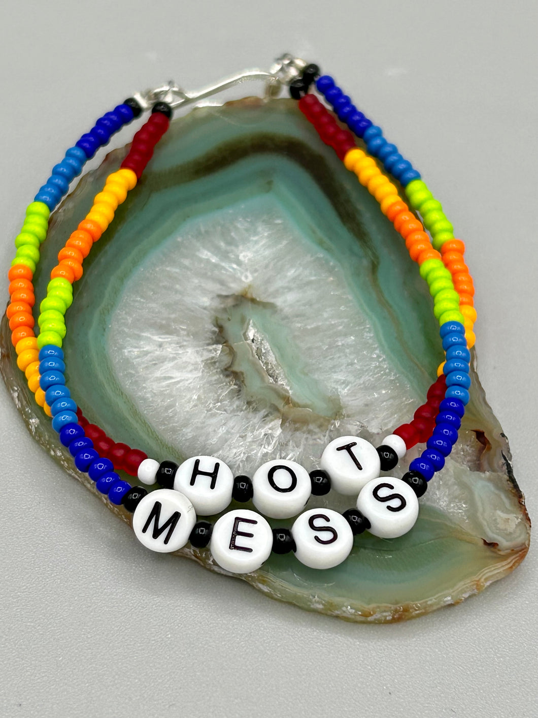 Rainbow Pride beaded bracelet HOT MESS Metal wire with hook-eye clasp.