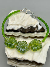 Load image into Gallery viewer, Light Green Pressed Glass Floral Beaded Bracelet, Nature Inspired, Summer Jewelry
