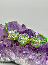 Load image into Gallery viewer, Light Green Pressed Glass Floral Beaded Bracelet, Nature Inspired, Summer Jewelry
