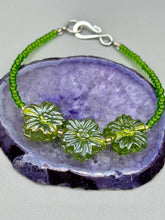 Load image into Gallery viewer, Light Green Pressed Glass Floral Beaded Bracelet, Nature Inspired, Summer Jewelry
