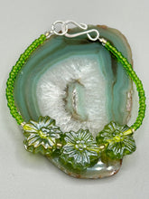 Load image into Gallery viewer, Light Green Pressed Glass Floral Beaded Bracelet, Nature Inspired, Summer Jewelry
