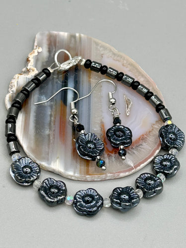 Black metallic floral glass beaded bracelet and earrings are very versatile in style, you can dress these up or down, they will compliment any outfit.  