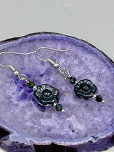 Load image into Gallery viewer, These gorgeous Black Metallic Floral Glass Beaded Earrings are the perfect accessory for any outfit. Shabby Boho Chic and nature-inspired, these earrings give you the style versatility you need. Dress these up or down depending on the occasion - you can&#39;t go wrong.  Measurements: 1 1/4 ” in length
