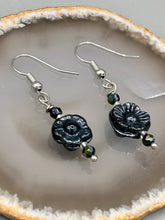 Load image into Gallery viewer, Black metallic floral glass beaded earrings are very versatile in style, you can dress these up or down, they will compliment any outfit.  Measurements: 1 1/4 ” in length
