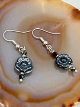 Load image into Gallery viewer, These gorgeous Black Metallic Floral Glass Beaded Earrings are the perfect accessory for any outfit. Shabby Boho Chic and nature-inspired, these earrings give you the style versatility you need. Dress these up or down depending on the occasion - you can&#39;t go wrong.  Measurements: 1 1/4 ” in length
