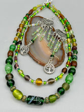 Load image into Gallery viewer, Large And Chunky Hand Beaded Necklace, Shabby Chic, Hippie, Bohemian, Fall Harvest Jewelry, Dark Green And Amber Glass Beads
