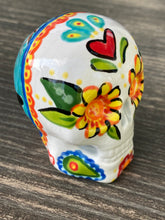 Load image into Gallery viewer, Cat Lovers Cemetery Cat and Skull Art, Hand Painted Ceramic Sugar Skull, Dia De Los Muertos Calavera, Mini Day of the Dead Cat Ceramic Skull
