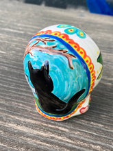 Load image into Gallery viewer, Cat Lovers Cemetery Cat and Skull Art, Hand Painted Ceramic Sugar Skull, Dia De Los Muertos Calavera, Mini Day of the Dead Cat Ceramic Skull
