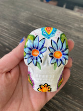 Load image into Gallery viewer, Cat Lovers Cemetery Cat and Skull Art, Hand Painted Ceramic Sugar Skull, Dia De Los Muertos Calavera, Mini Day of the Dead Cat Ceramic Skull
