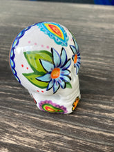 Load image into Gallery viewer, Cat Lovers Cemetery Cat and Skull Art, Hand Painted Ceramic Sugar Skull, Dia De Los Muertos Calavera, Mini Day of the Dead Cat Ceramic Skull
