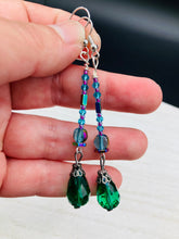 Load image into Gallery viewer, Created with Nature in Mind - Peacock Feathers Inspire These Earrings. Showcase a unique combination of glass beading and rectangular rainbow Hematite beads for a multi-textured look. An eye-catching style and a &quot;must have&quot; for any jewelry collection.  Measurements: 2 1/2” in length
