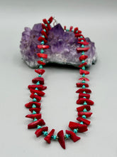 Load image into Gallery viewer, A distinctive Southwestern Style necklace featuring an alluring blend of large red coral and turquoise glass beads, gold accents, and an eye-catching cascade of vibrant color.    Measurements:    Necklace is 19 " in length adjustable to 20"
