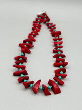 Load image into Gallery viewer, A distinctive Southwestern Style necklace featuring an alluring blend of large red coral and turquoise glass beads, gold accents, and an eye-catching cascade of vibrant color.    Measurements:    Necklace is 19 " in length adjustable to 20"
