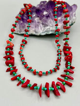 Load image into Gallery viewer, This eye-catching Southwestern Style necklace features two strands of alternating red coral and turquoise-tone glass beads, including both petite and larger sizes.    Measurements:    Necklace is 17" in length adjustable to 19"
