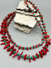 Load image into Gallery viewer, This eye-catching Southwestern Style necklace features two strands of alternating red coral and turquoise-tone glass beads, including both petite and larger sizes.    Measurements:    Necklace is 17" in length adjustable to 19"
