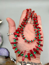 Load image into Gallery viewer, This eye-catching Southwestern Style necklace features two strands of alternating red coral and turquoise-tone glass beads, including both petite and larger sizes.    Measurements:    Necklace is 17" in length adjustable to 19"
