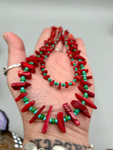 Load image into Gallery viewer, This eye-catching Southwestern Style necklace features two strands of alternating red coral and turquoise-tone glass beads, including both petite and larger sizes.    Measurements:    Necklace is 17" in length adjustable to 19"
