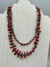 Load image into Gallery viewer, This eye-catching Southwestern Style necklace features two strands of alternating red coral and turquoise-tone glass beads, including both petite and larger sizes.    Measurements:    Necklace is 17" in length adjustable to 19"

