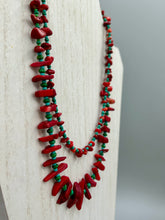 Load image into Gallery viewer, This eye-catching Southwestern Style necklace features two strands of alternating red coral and turquoise-tone glass beads, including both petite and larger sizes.    Measurements:    Necklace is 17" in length adjustable to 19"
