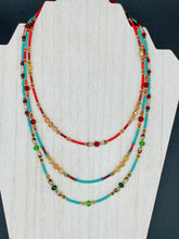 Load image into Gallery viewer, Vibrant And Enchanting Southwestern Style Jewelry. Colorful and bold three strand turquoise, bright and dark reds and greens, golds and yellows glass beads. 

