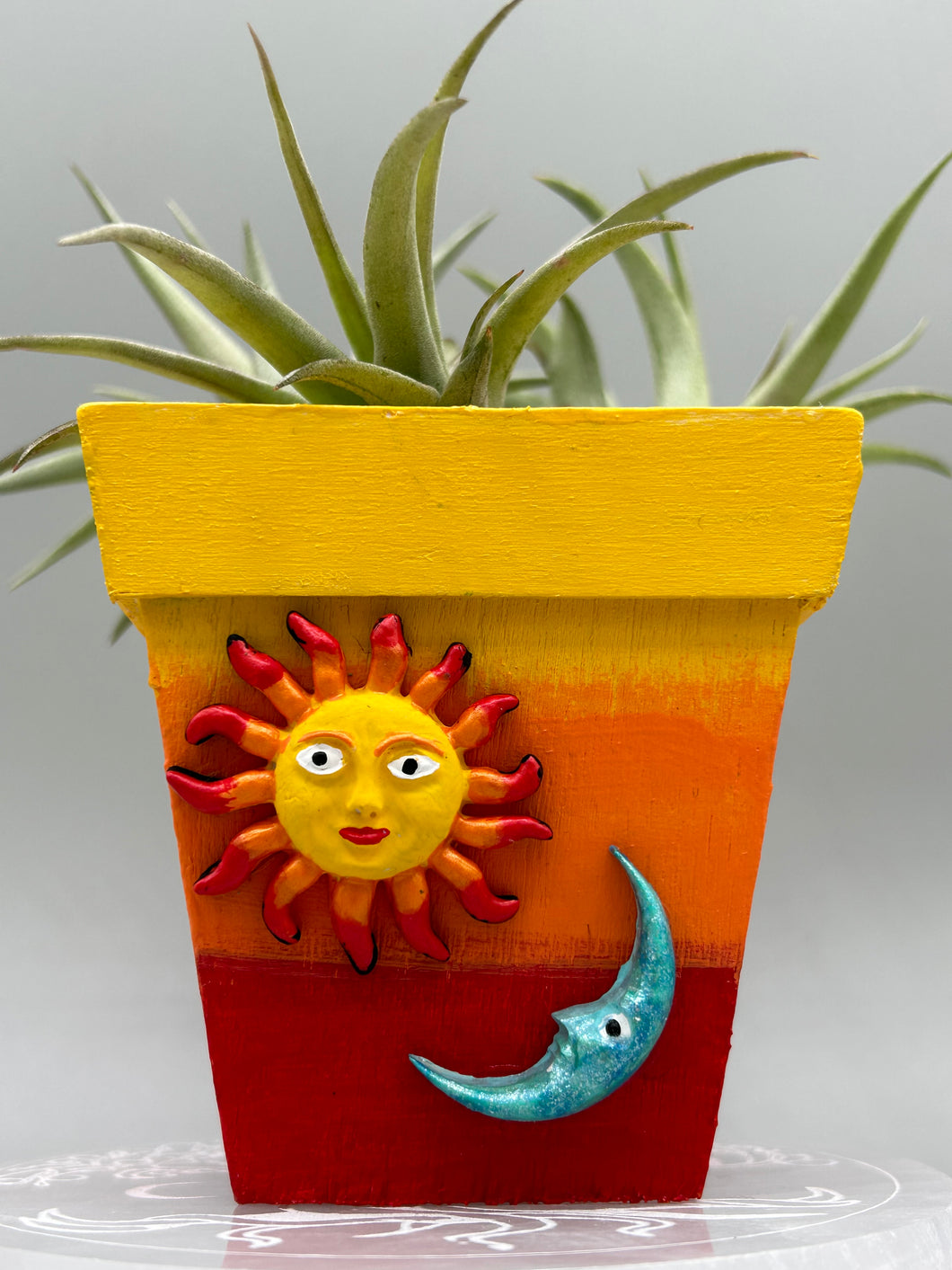 Crescent Moon And Sun Decorative Hand-painted Mini Wood Planter For Air Plants, Home Decor Wood Planter