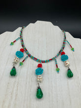Load image into Gallery viewer, Frida Kahlo Inspired Dangling Skulls Glass Beaded Necklace, La Catrina Day Of The Dead Adjustable Choker Style Necklace, Southwest Inspired
