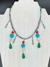 Load image into Gallery viewer, Frida Kahlo Inspired Dangling Skulls Glass Beaded Necklace, La Catrina Day Of The Dead Adjustable Choker Style Necklace, Southwest Inspired
