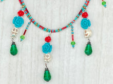 Load image into Gallery viewer, Frida Kahlo Inspired Dangling Skulls Glass Beaded Necklace, La Catrina Day Of The Dead Adjustable Choker Style Necklace, Southwest Inspired
