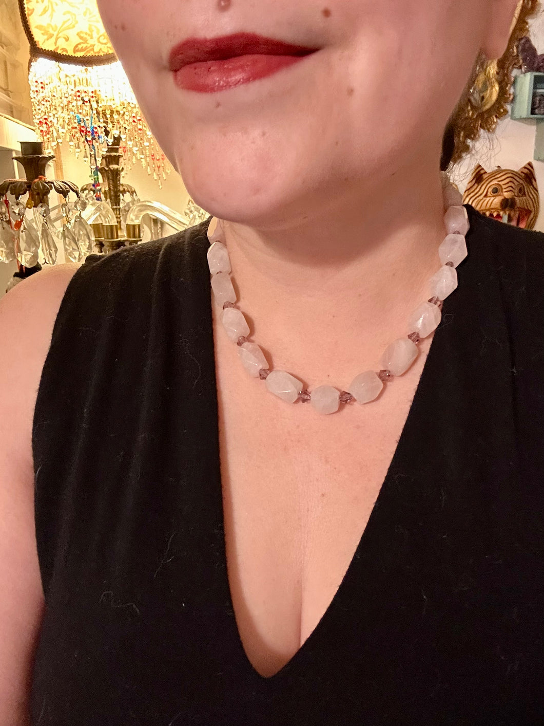 This Nature Lovers Necklace is a stunning addition to any outfit. Crafted from genuine rose quartz and light purple glass beads, the princess style necklace is secured with a hook-eye clasp for added security and style. Whether for everyday wear or a special occasion, this elegant accessory is sure to delight.  Measurements:  Necklace is 17” -  can be adjusted to 19