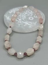 Load image into Gallery viewer, This Nature Lovers Necklace is a stunning addition to any outfit. Crafted from genuine rose quartz and light purple glass beads, the princess style necklace is secured with a hook-eye clasp for added security and style. Whether for everyday wear or a special occasion, this elegant accessory is sure to delight.  Measurements:  Necklace is 17” -  can be adjusted to 19&quot;
