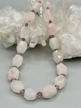 Load image into Gallery viewer, This Nature Lovers Necklace is a stunning addition to any outfit. Crafted from genuine rose quartz and light purple glass beads, the princess style necklace is secured with a hook-eye clasp for added security and style. Whether for everyday wear or a special occasion, this elegant accessory is sure to delight.  Measurements:  Necklace is 17” -  can be adjusted to 19&quot;
