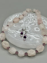 Load image into Gallery viewer, Genuine Natural Stone Rose Quartz Necklace, Light Purple Glass Beaded Princess Style Necklace, Hippie Nature Lovers Necklace
