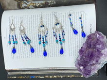 Load image into Gallery viewer, Whimsical Fairy Chandelier Style Beaded Earrings, Hippie, Blue Purple Galaxy Cosmos Inspired, Shabby Boho Chic, Celestial, Astrology

