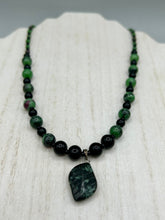 Load image into Gallery viewer, Natural Ruby Zoisite And Black Obsidian Stone Beads, Green Jasper Leaf Pendant Hand Beaded Necklace

