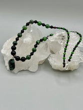 Load image into Gallery viewer, Natural Ruby Zoisite And Black Obsidian Stone Beads, Green Jasper Leaf Pendant Hand Beaded Necklace
