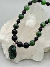 Load image into Gallery viewer, Natural Ruby Zoisite And Black Obsidian Stone Beads, Green Jasper Leaf Pendant Hand Beaded Necklace
