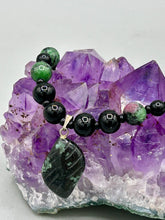 Load image into Gallery viewer, Natural Ruby Zoisite And Black Obsidian Stone Beads, Green Jasper Leaf Pendant Hand Beaded Necklace
