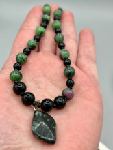 Load image into Gallery viewer, Natural Ruby Zoisite And Black Obsidian Stone Beads, Green Jasper Leaf Pendant Hand Beaded Necklace
