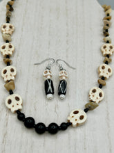 Load image into Gallery viewer, Natural Bamboo Chips And Black Obsidian Stone Beads, Hand Beaded Skull Necklace, Skully Witchy Vibe, Goth Dark Souls Jewelry, Day Of The Dead, Calavera Dia De Los Muertos
