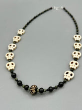 Load image into Gallery viewer, Natural Serpentine Green Lace And Black Obsidian Stone Beads, Hand Beaded Skull Necklace, Skully Witchy Vibe, Goth Dark Souls Jewelry, Day Of The Dead, Calavera Dia De Los Muertos
