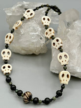 Load image into Gallery viewer, Natural Serpentine Green Lace And Black Obsidian Stone Beads, Hand Beaded Skull Necklace, Skully Witchy Vibe, Goth Dark Souls Jewelry, Day Of The Dead, Calavera Dia De Los Muertos
