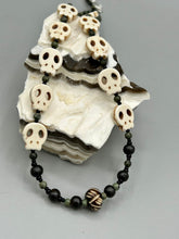 Load image into Gallery viewer, Natural Serpentine Green Lace And Black Obsidian Stone Beads, Hand Beaded Skull Necklace, Skully Witchy Vibe, Goth Dark Souls Jewelry, Day Of The Dead, Calavera Dia De Los Muertos
