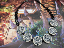 Load image into Gallery viewer, Large Black And White Tree Printed Round Stone Beaded Necklace, Nature Inspired Jewelry With Matching Earrings, Tree of Life Hippie Jewelry
