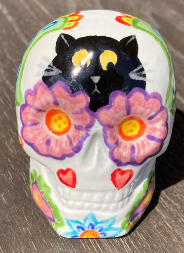 Gato Dia De Los Muertos Hand Painted Ceramic Sugar Skull, Floral Motifs With Hearts And Leaves, Black Cat Mini Day Of The Dead Calavera, Witchy Altar Skull, Goth Art, Nature Inspired Skull Art, Calaca De Ofrenda